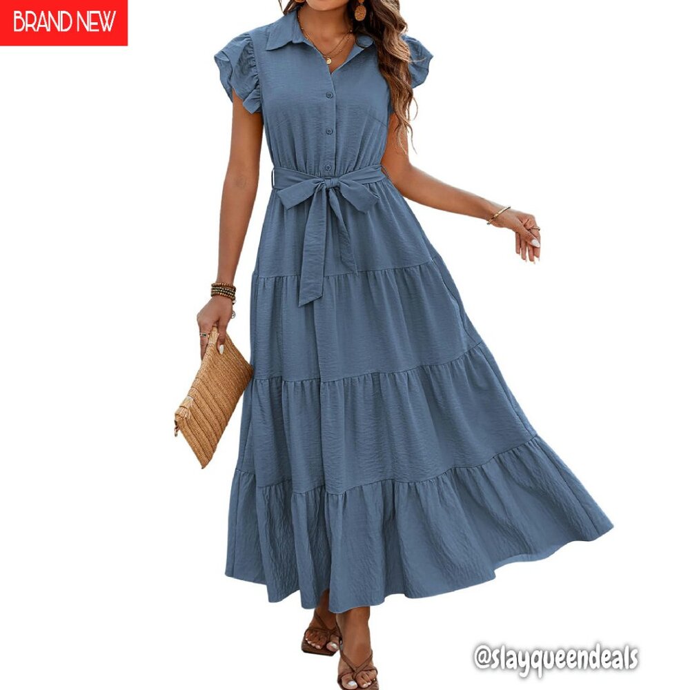 Viscose Maxi Dress With Pockets, Belt, Ruffle Sleeves, V-Neck